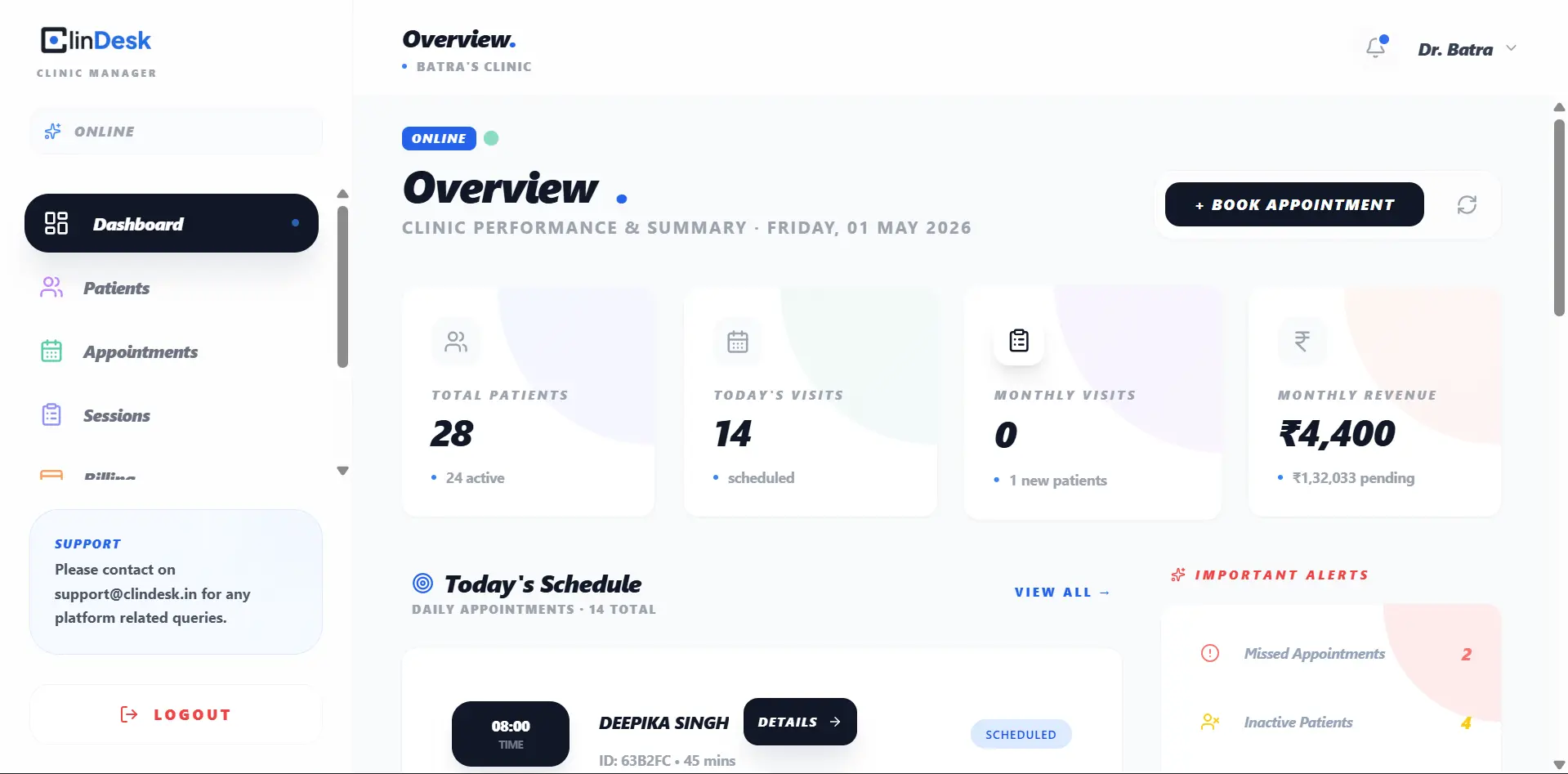 Clindesk Dashboard Preview - Real-time clinic management dashboard